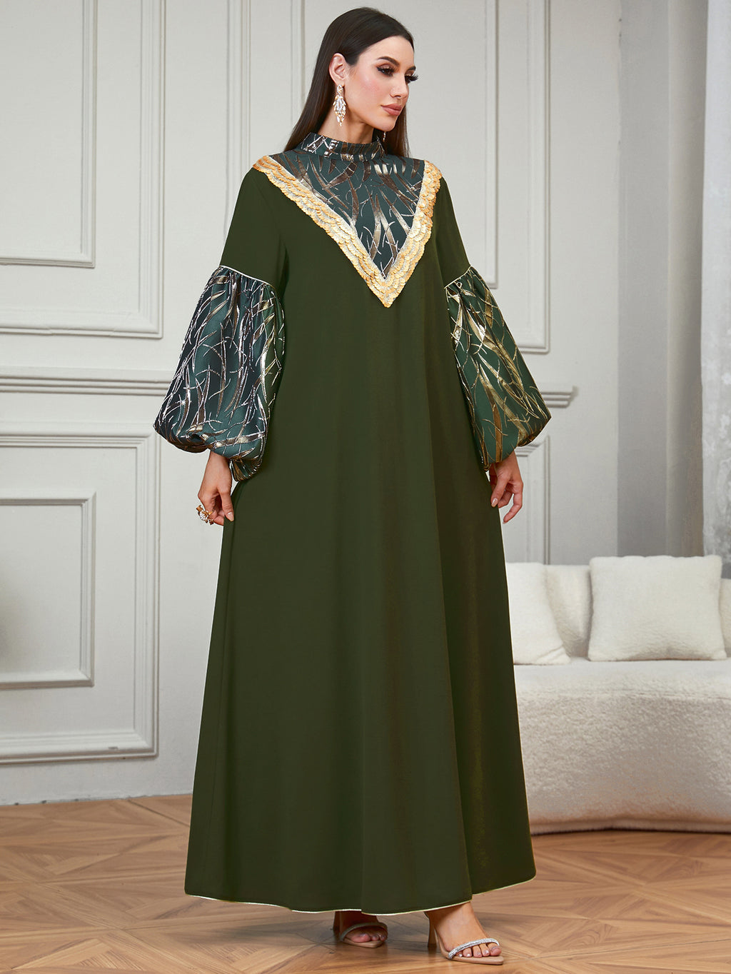 Sequin Patchwork Long-Sleeve Maxi Dress