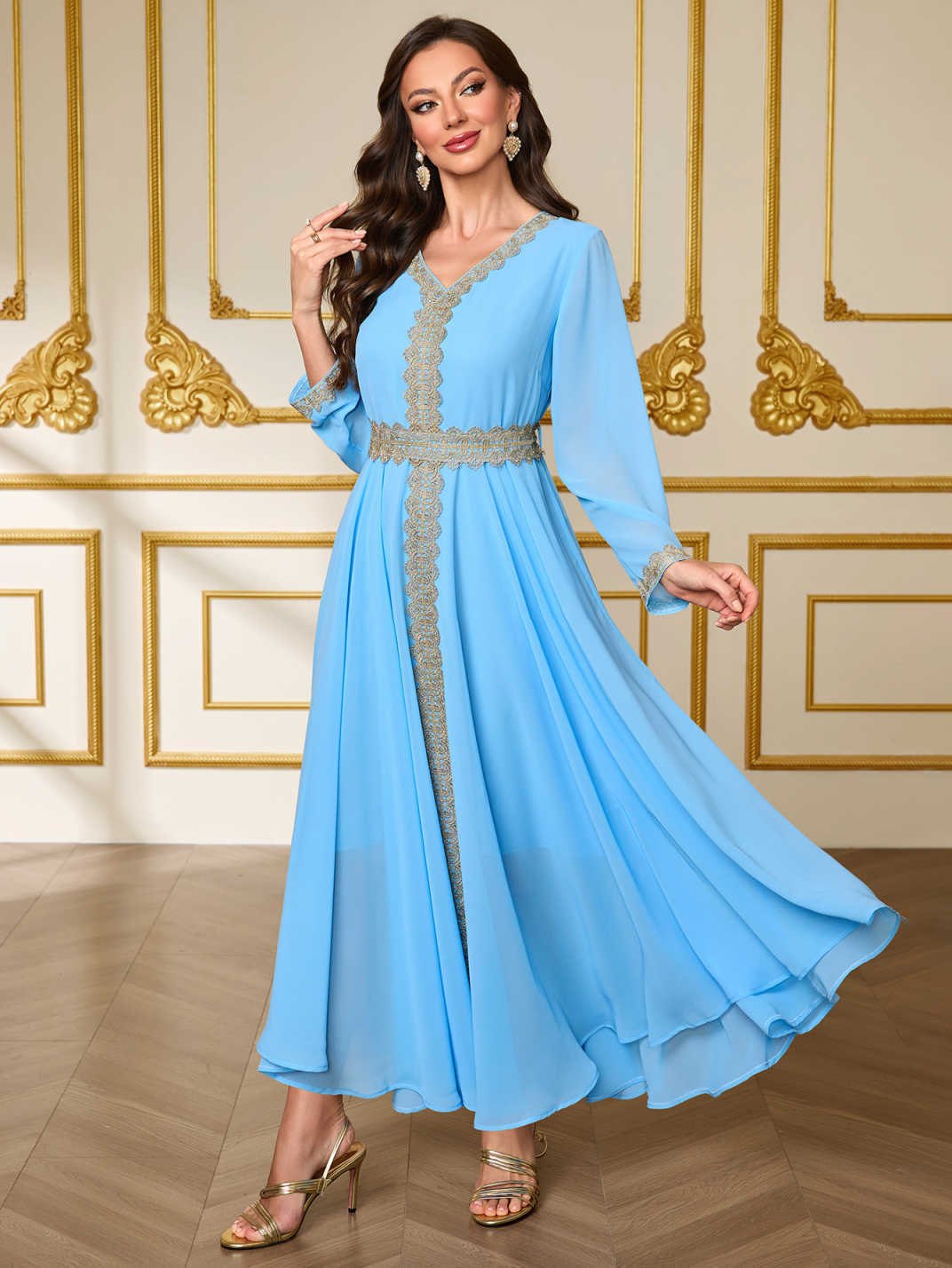 Lace Belted Chiffon Maxi Dress