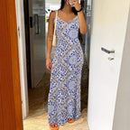 Printed Strapless Backless Maxi Dress for Women, V-Neck