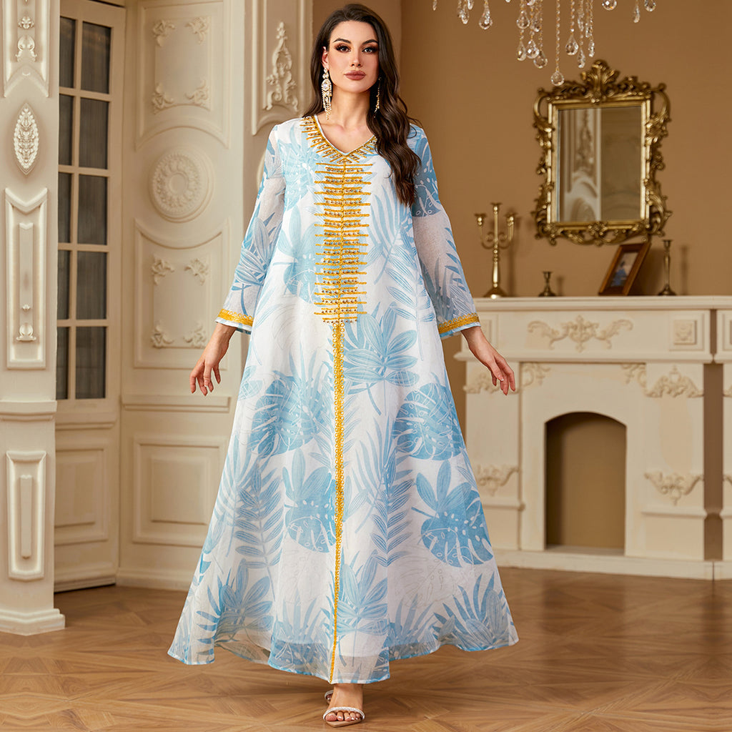 Embroidered Light Blue V-Neck Maxi Dress