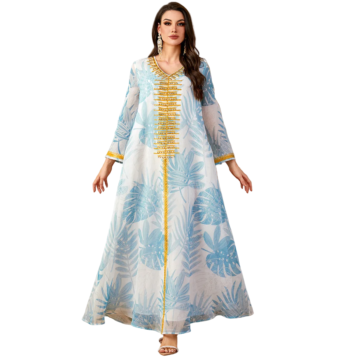 Light Blue Embroidered Maxi Dress for women with long sleeves Main image