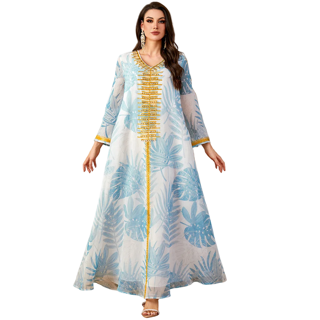 Light Blue Embroidered Maxi Dress for women with long sleeves