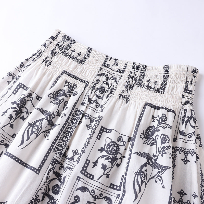 Elegant Fashion Design Printed A-Line Skirt High Waist Slimming Cool Feel Midi Skirt