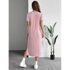 Zebra-Stripe High-Slit Midi Dress for Women, Round Neck Short Sleeve