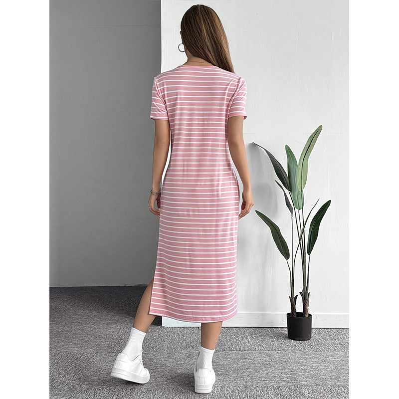 Zebra-Stripe High-Slit Midi Dress for Women, Round Neck Short Sleeve