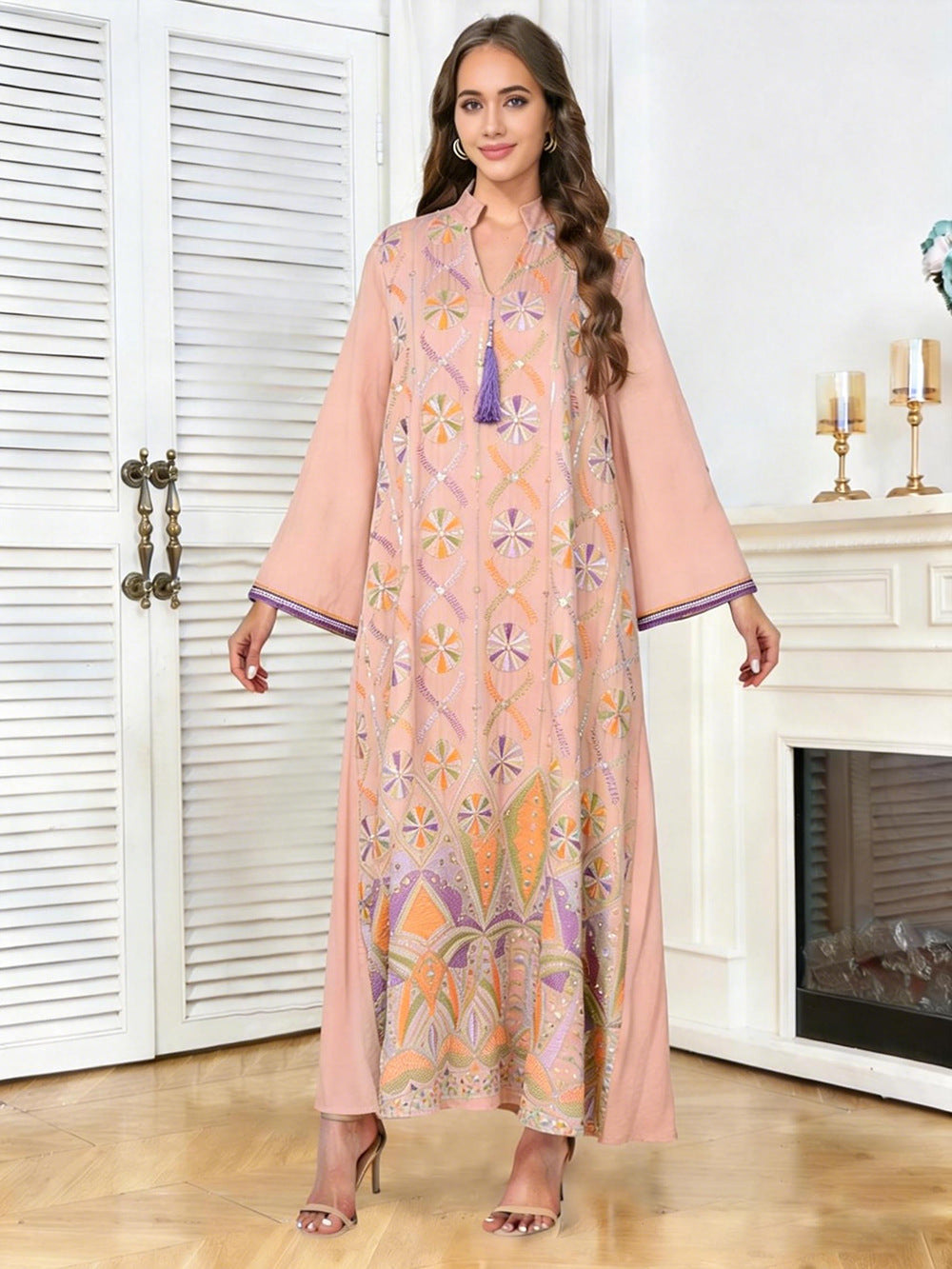 V-Neck Tassel Long-Sleeve Maxi Dress