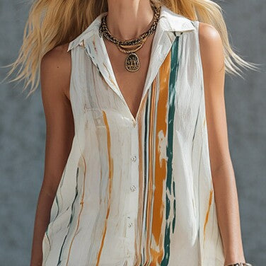 Striped V-Neck Sleeveless Shirt Dress for Women
