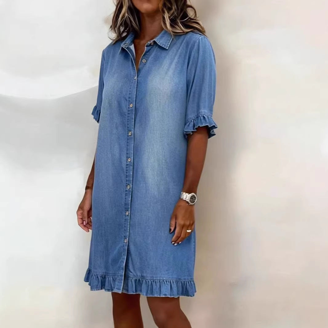 Loose Short-Sleeve Shirt Dress for Women, Shirt Collar