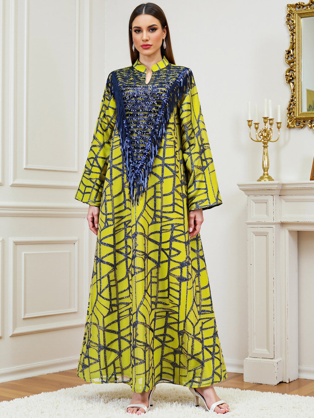 Yellow Sequin Tassel Maxi Dress