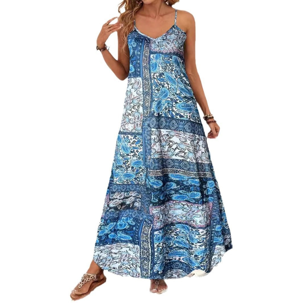 Leaf Print V-Neck Sleeveless Maxi Dress for Women