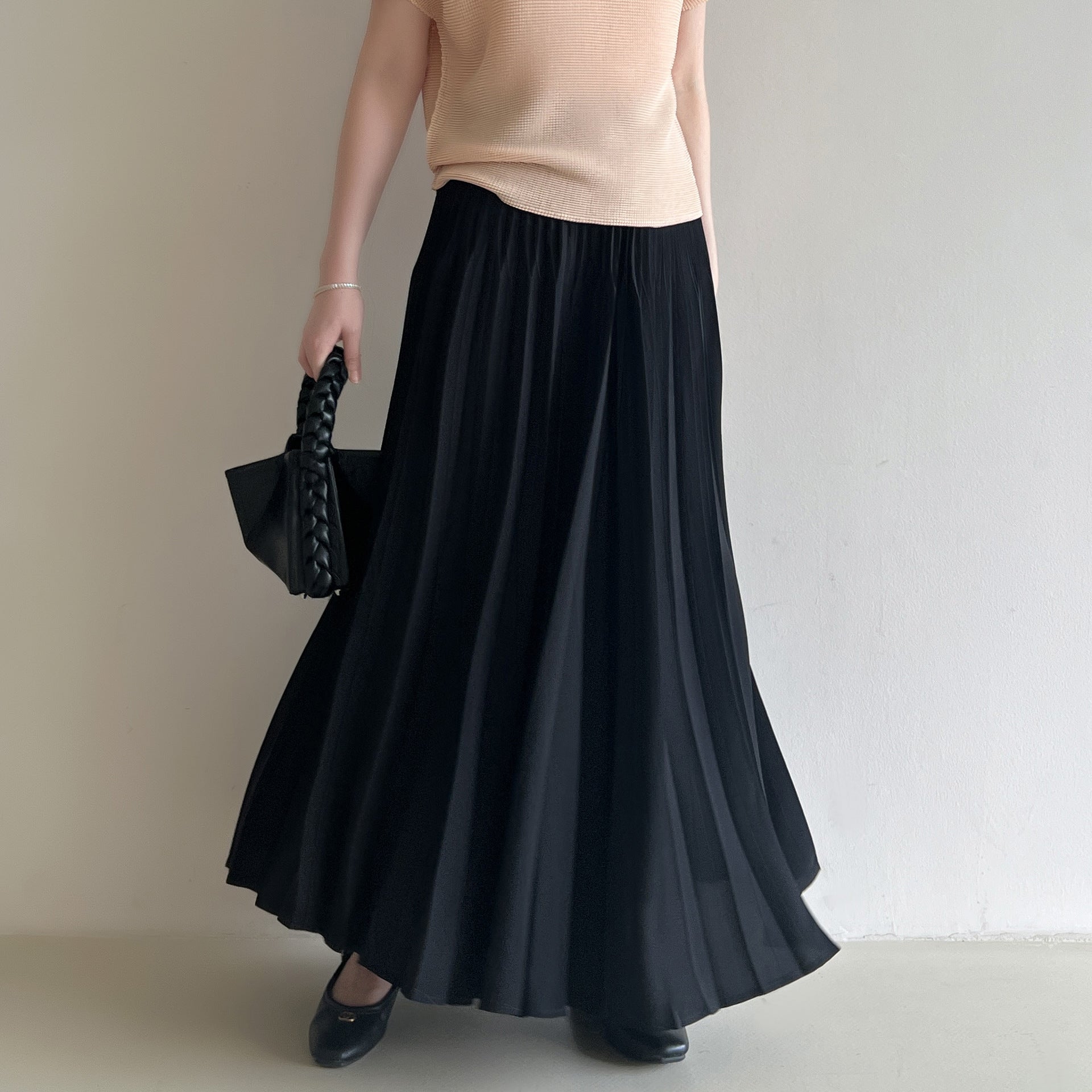 High-Drape Pleated Maxi Skirt for Women, One Size