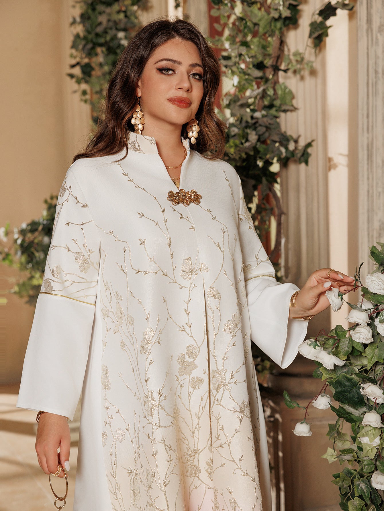 Embroidered Lace-Up Maxi Dress