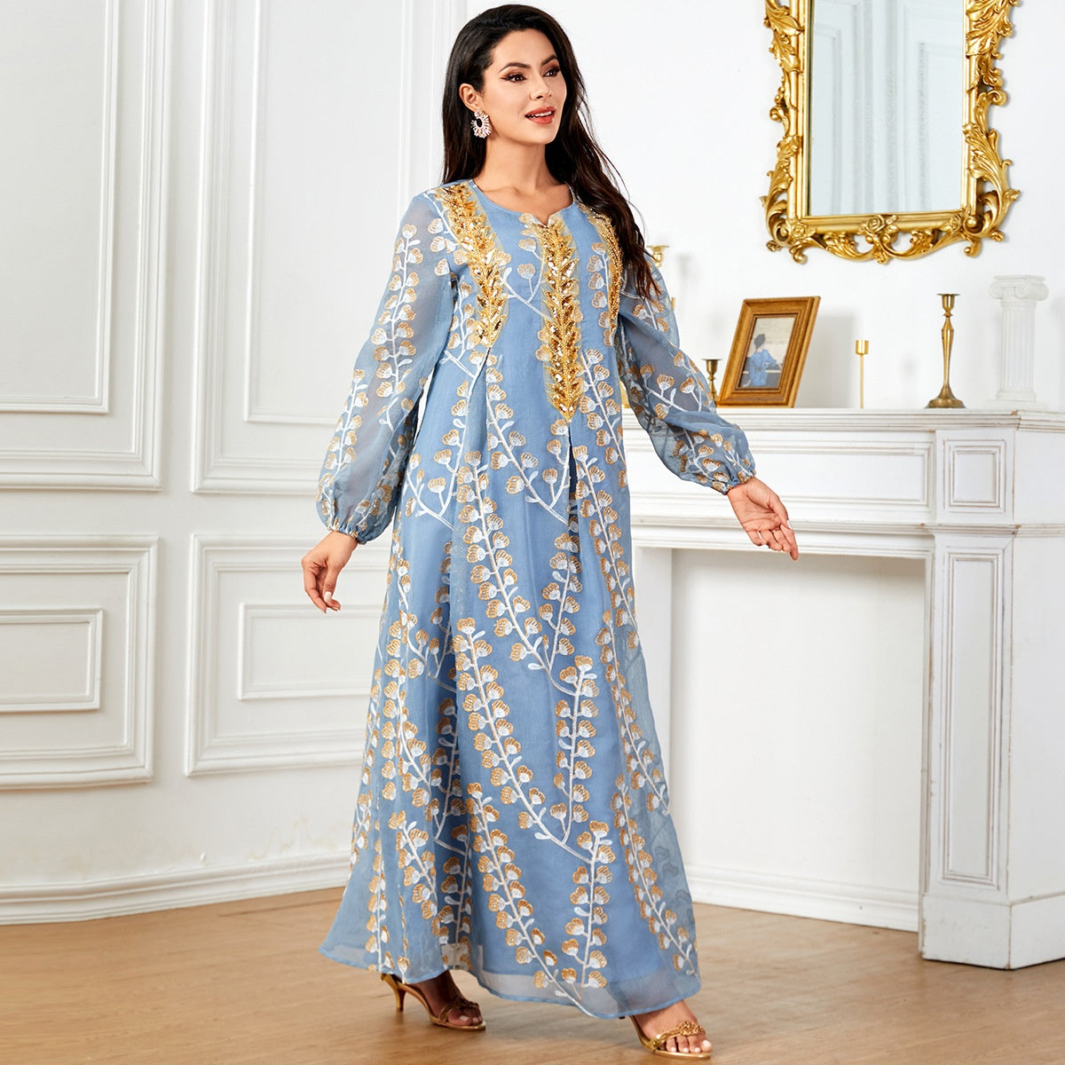 Long Sleeve Dress with Sequin Embroidery