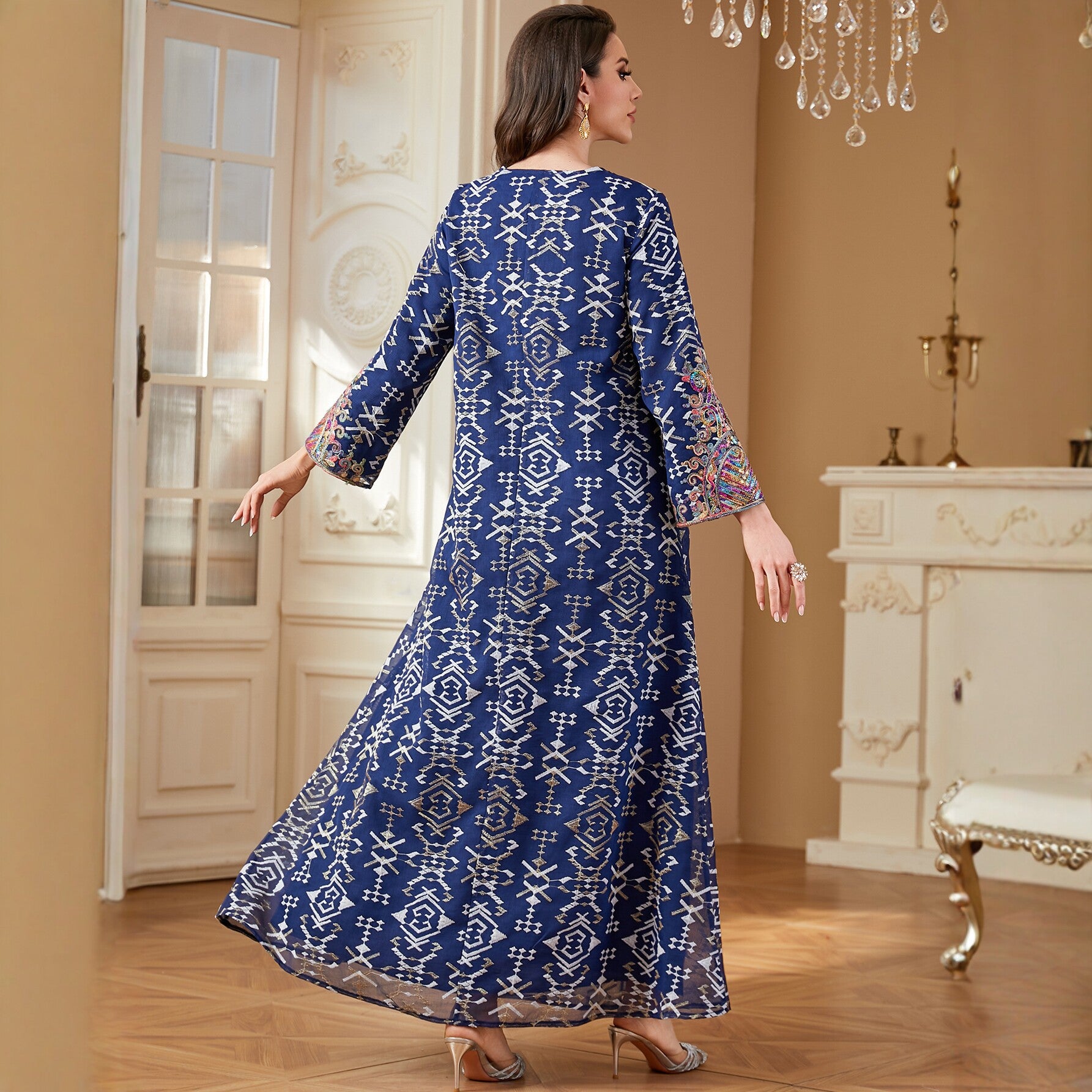 Royal Blue Rope-Embroidered Maxi Dress