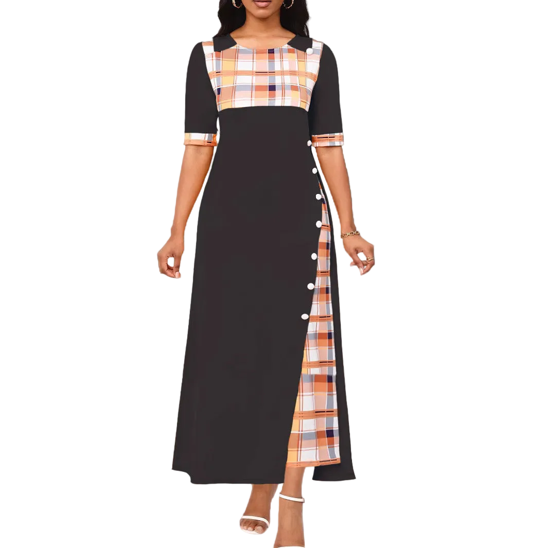Plus-Size Round-Neck Color-Block Dress for women with round neck and three quarter sleeves