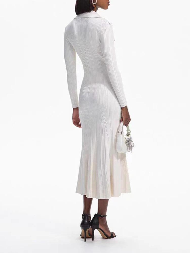 Ivory Ribbed-Knit Fishtail Maxi Dress for Women, Long Sleeve