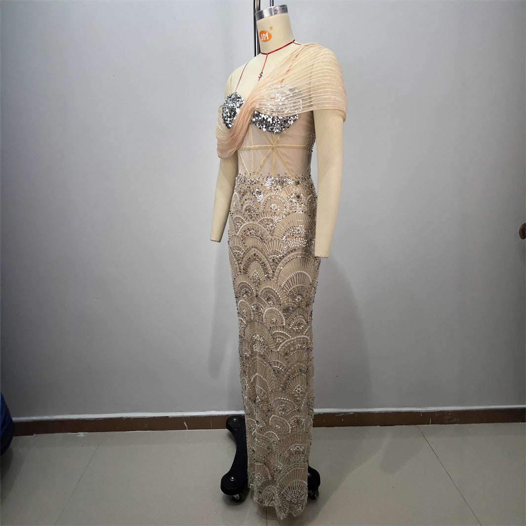 One-Shoulder Sequin Bodycon Maxi Dress for Women Secondary image