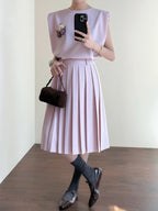 Sleeveless Vest and Pleated Midi Skirt Two-Piece Set for Women