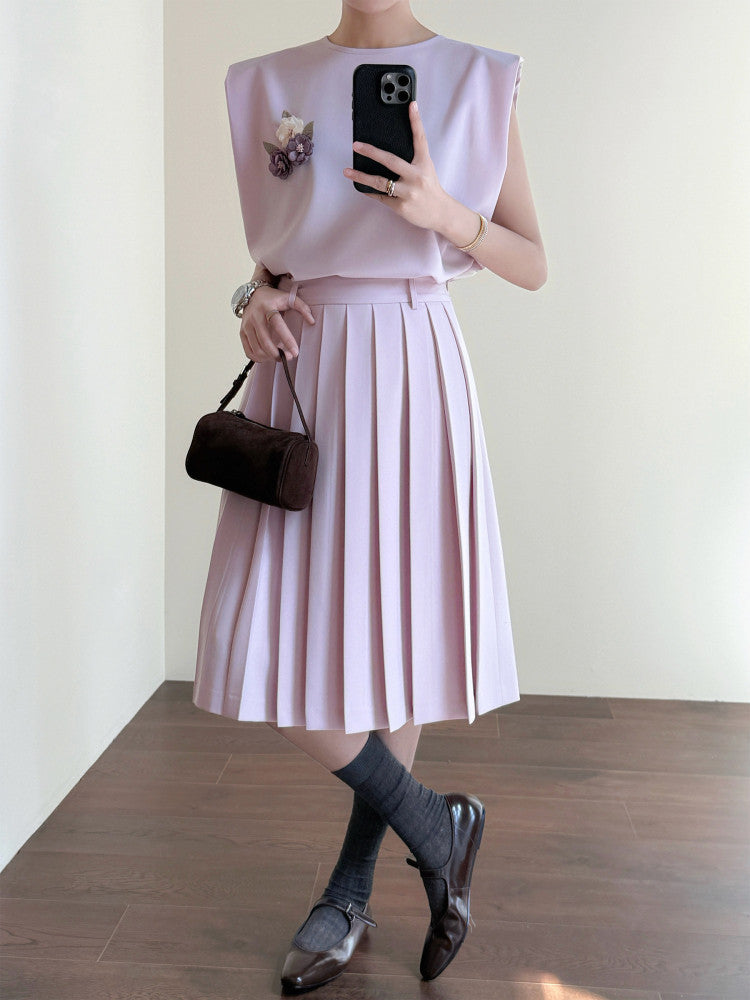 Sleeveless Vest and Pleated Midi Skirt Two-Piece Set for Women
