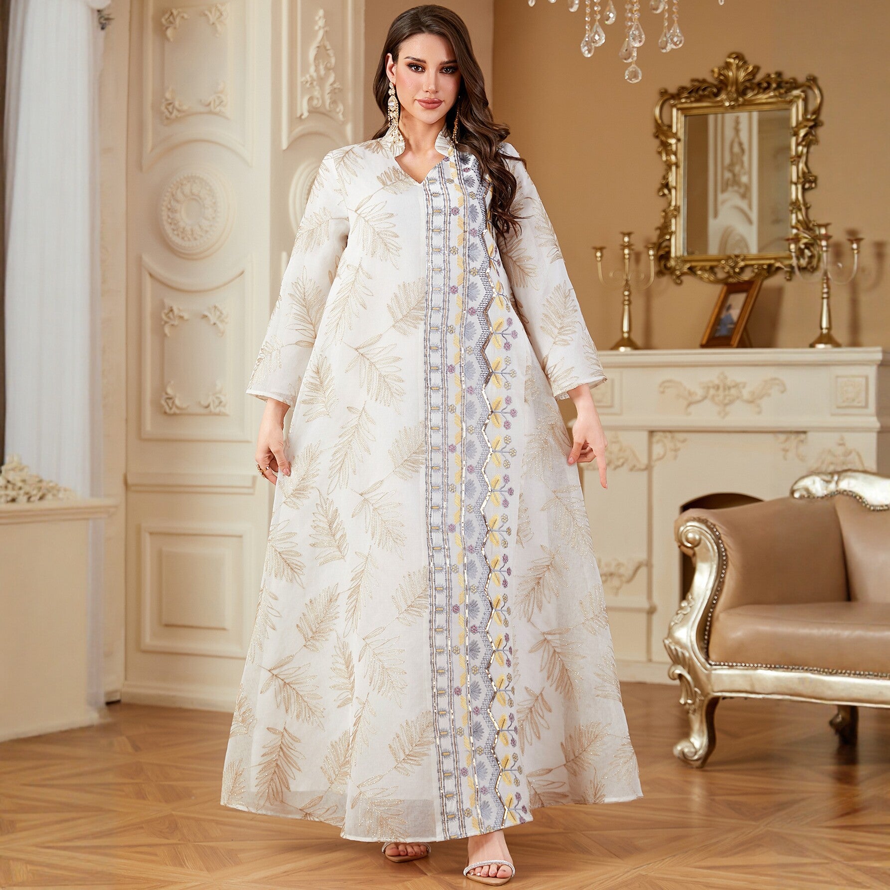 White Embroidered V-Neck Robe Maxi Dress