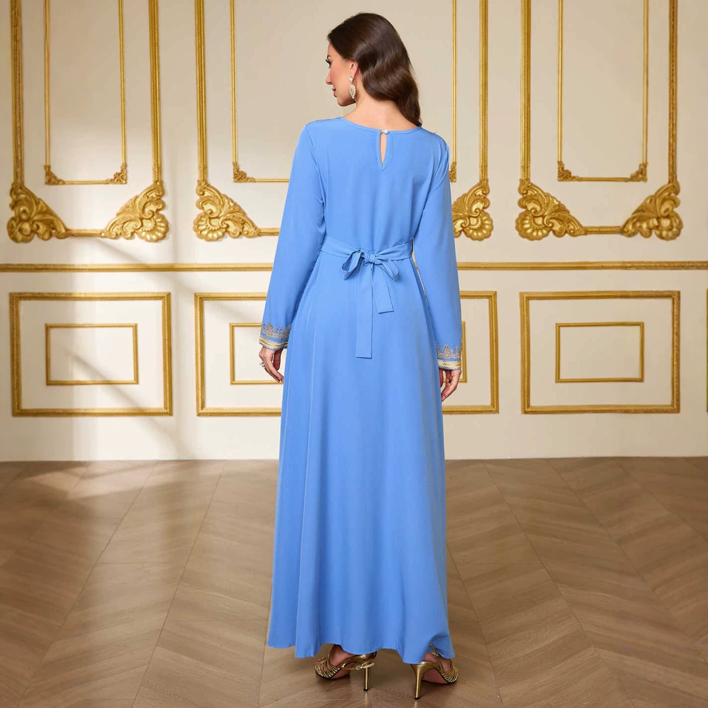 Long-Sleeve Simple Maxi Dress, Tie Waist