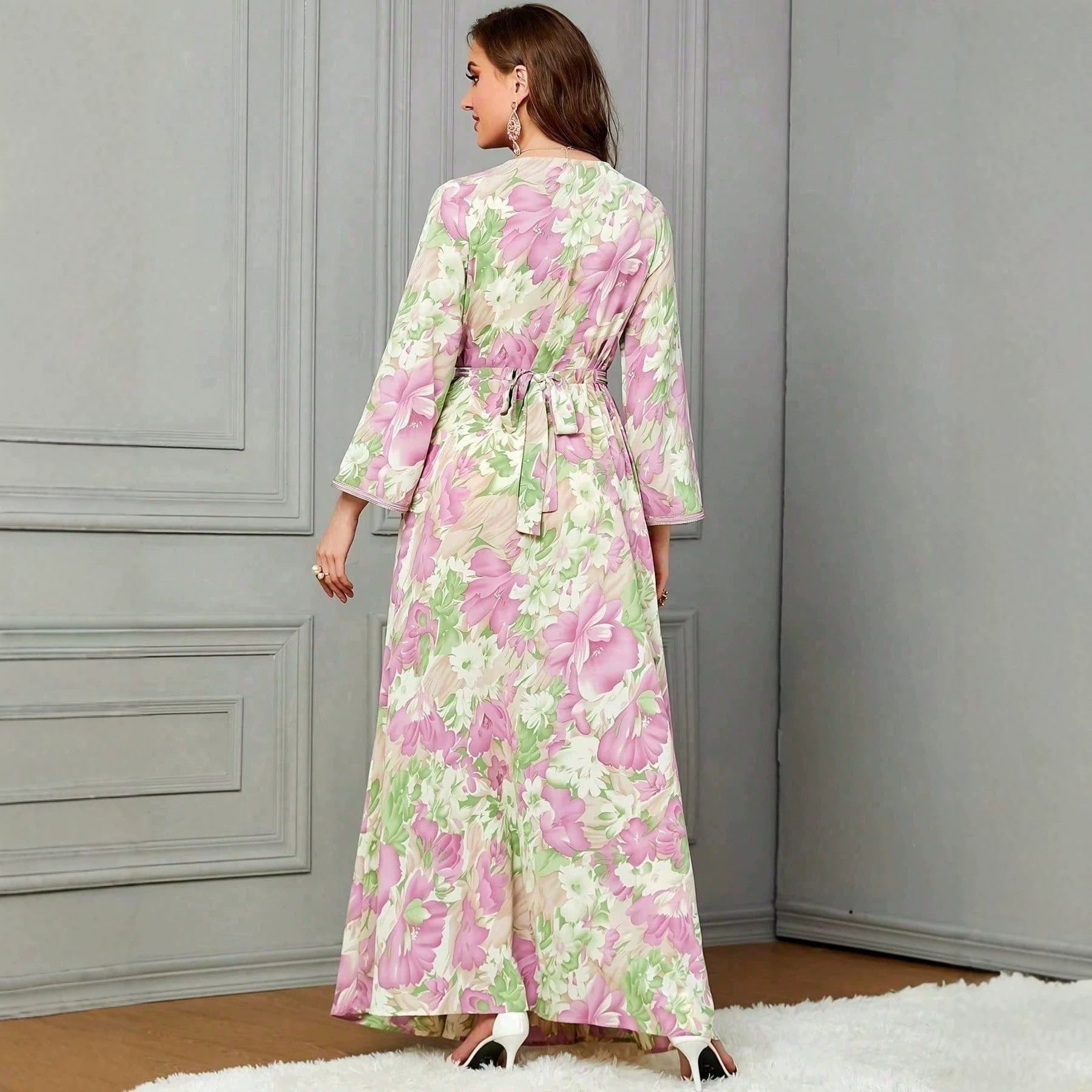 Embroidered Floral Lace-Up Maxi Dress