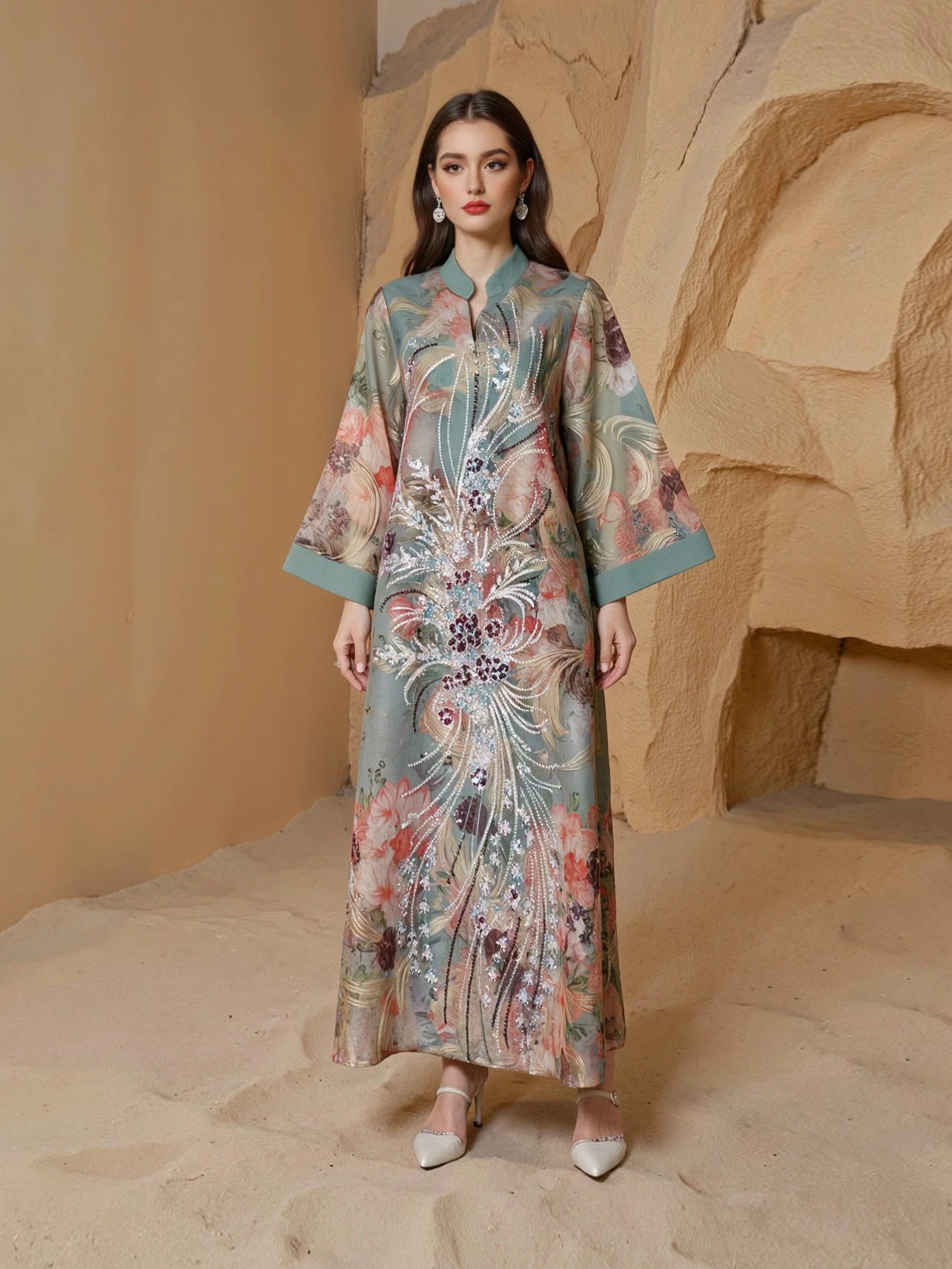 Printed Beaded Robe Maxi Dress