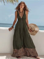 Bohemian Leopard Print V-Neck Maxi Dress for Women, Sleeveless