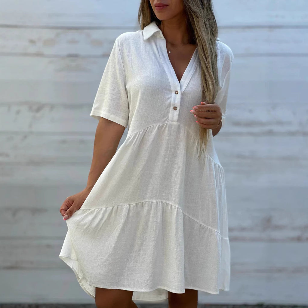 Solid V-Neck Short-Sleeve A-Line Midi Dress