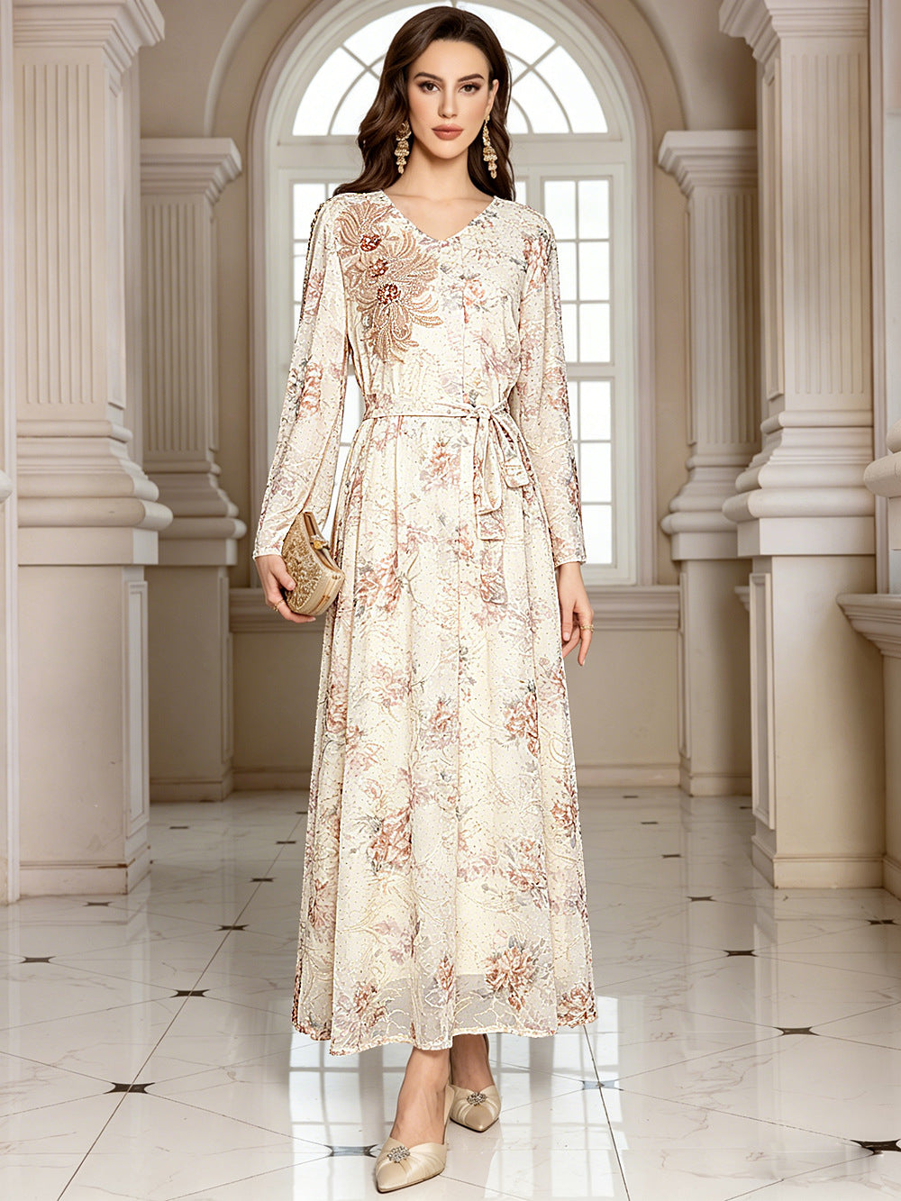 V-Neck Lace-Up Long-Sleeve Maxi Dress