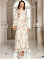 V-Neck Lace-Up Long-Sleeve Maxi Dress