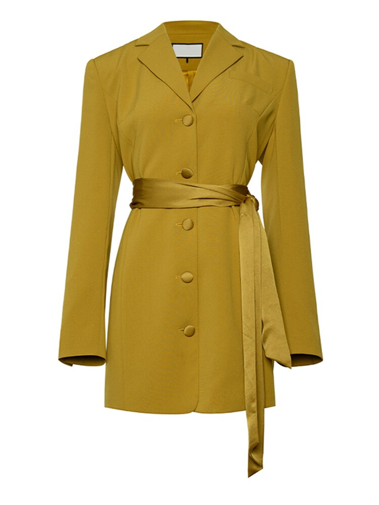 Belted Blazer Dress with Satin Lapel Detail in Yellow