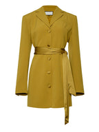 Belted Blazer Dress with Satin Lapel Detail in Yellow