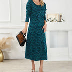 Vintage Leopard Print Round-Neck Midi Dress for Women, Long Sleeve