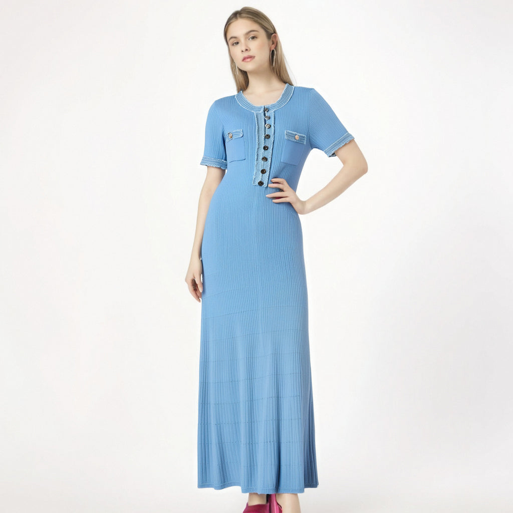 Elastic Slim Fit Button-Up Long Knit Dress for Women