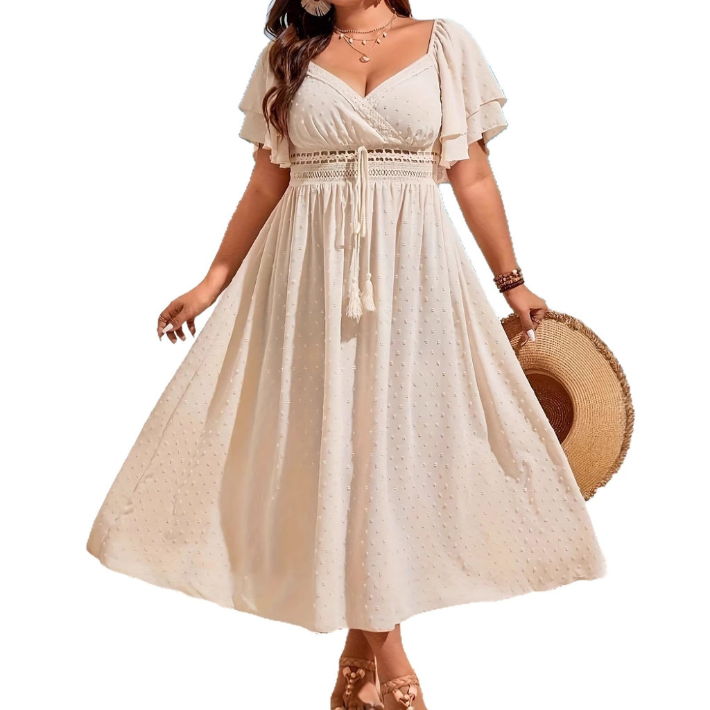 Hollow Lace Tie-Waist V-Neck Maxi Dress for Women, Plus Size
