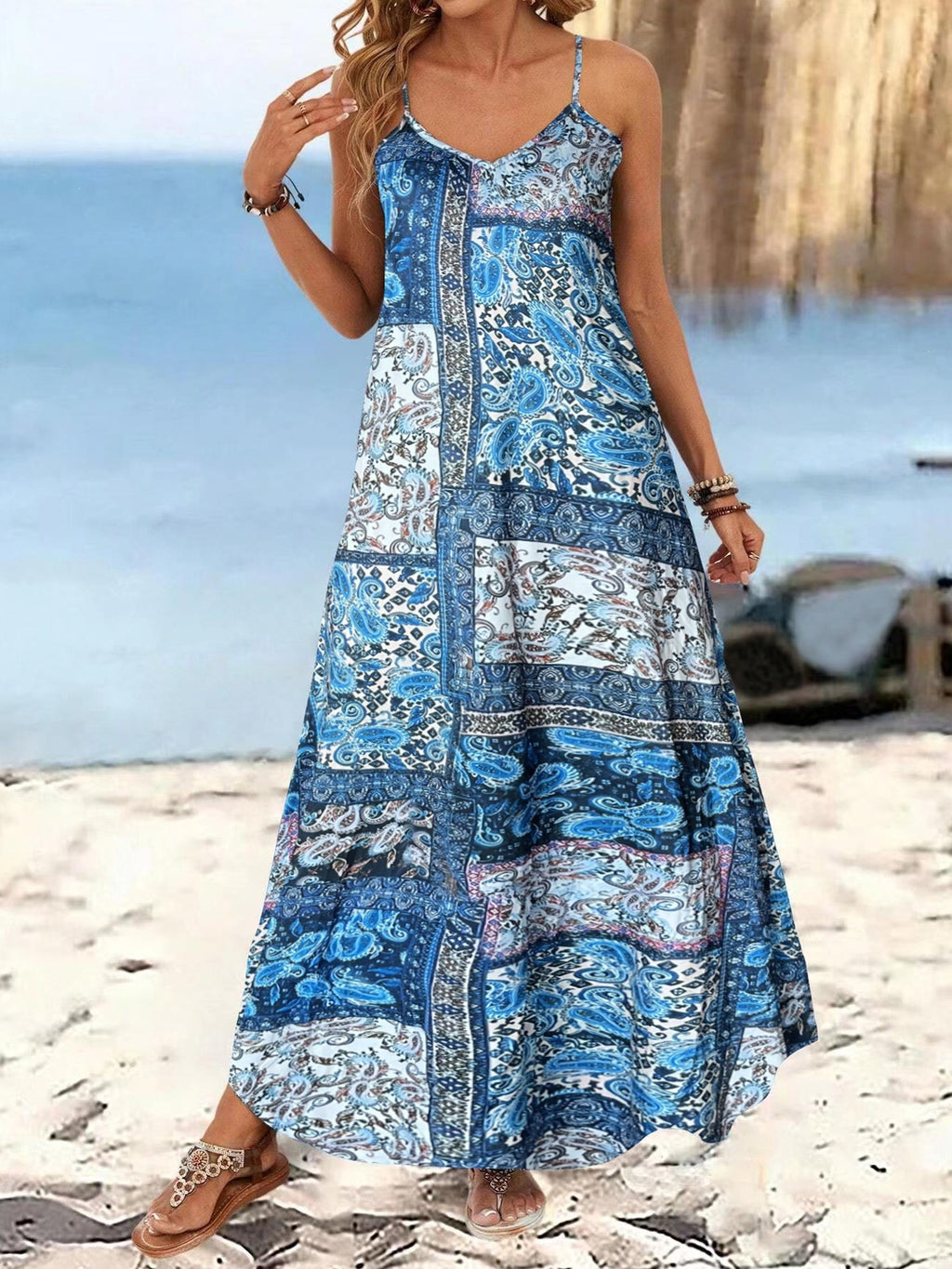 Leaf Print V-Neck Sleeveless Maxi Dress for Women