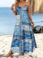 Leaf Print V-Neck Sleeveless Maxi Dress for Women
