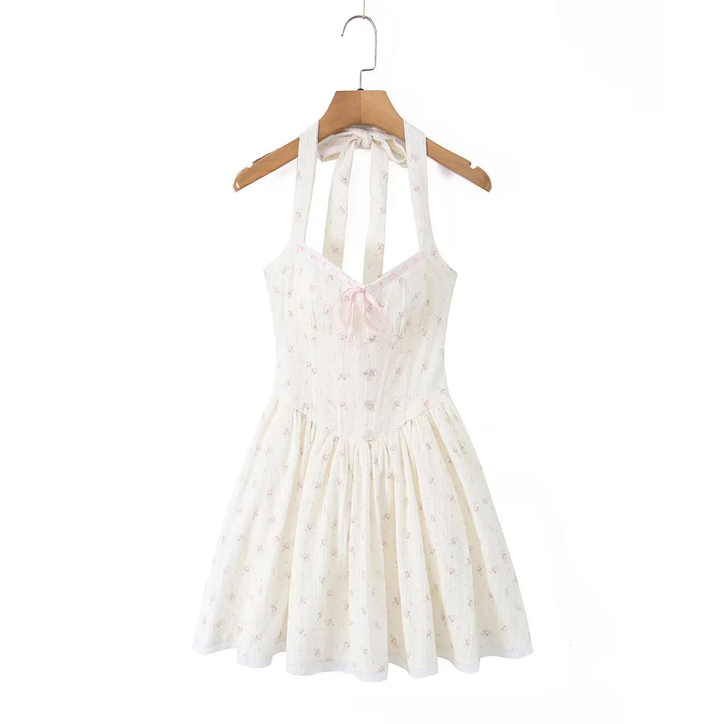Floral Halter Pleated Mini Dress for Women, A-Line