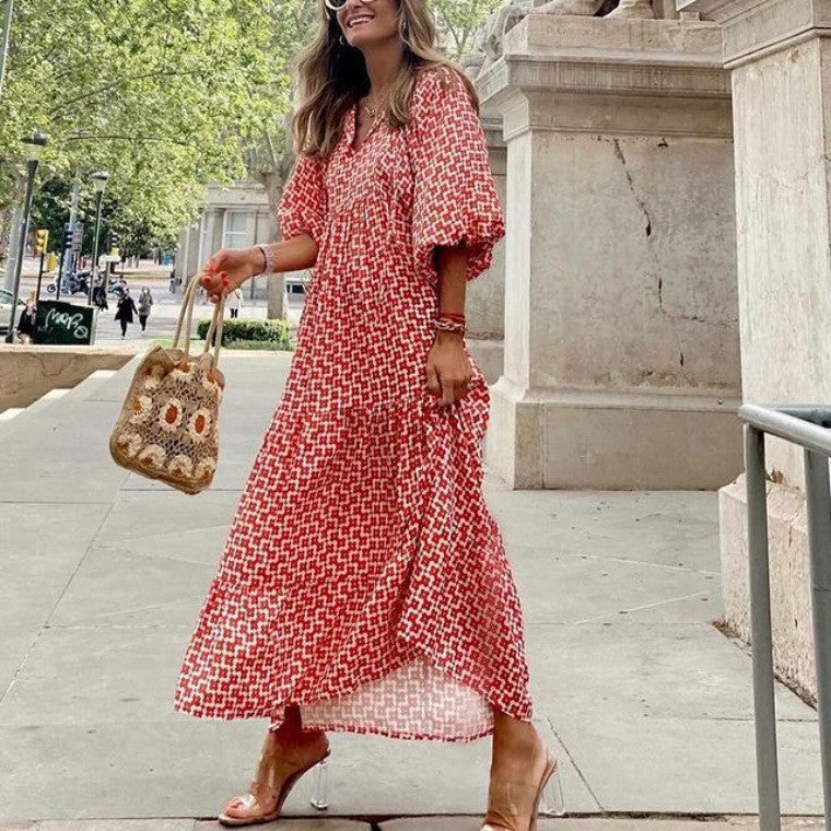 Bohemian Print Long Sleeve Flowy Maxi Dress for Women
