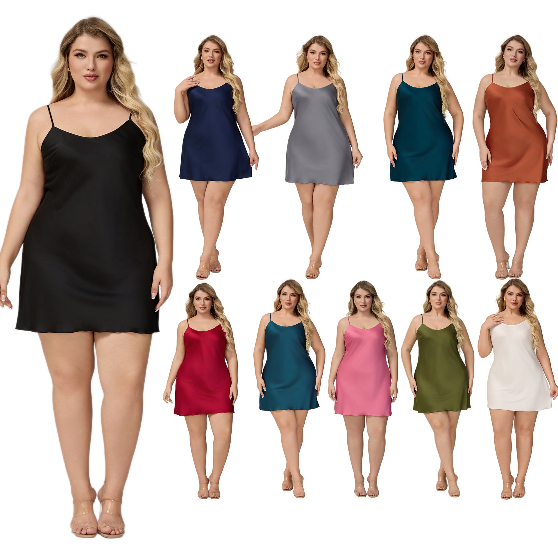 Satin Chiffon Strap Nightdress for Women, Sleeveless, Plus Size