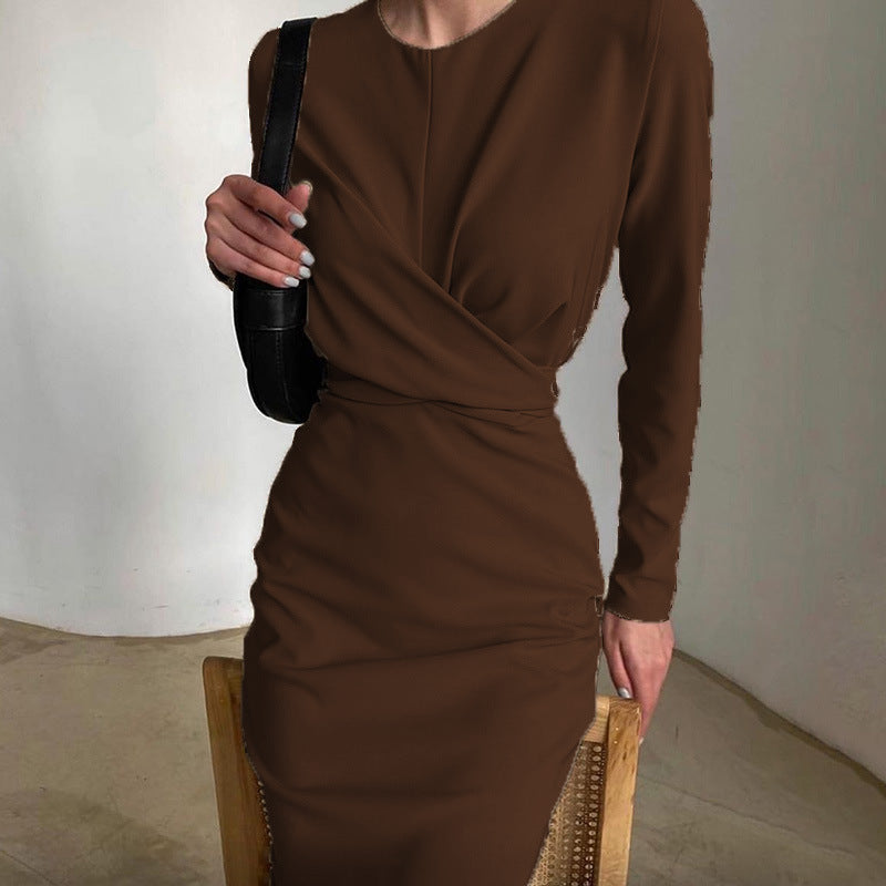 French Vintage Long-Sleeve Bodycon Midi Dress for Women, Round Neck