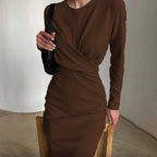 French Vintage Long-Sleeve Bodycon Midi Dress for Women, Round Neck