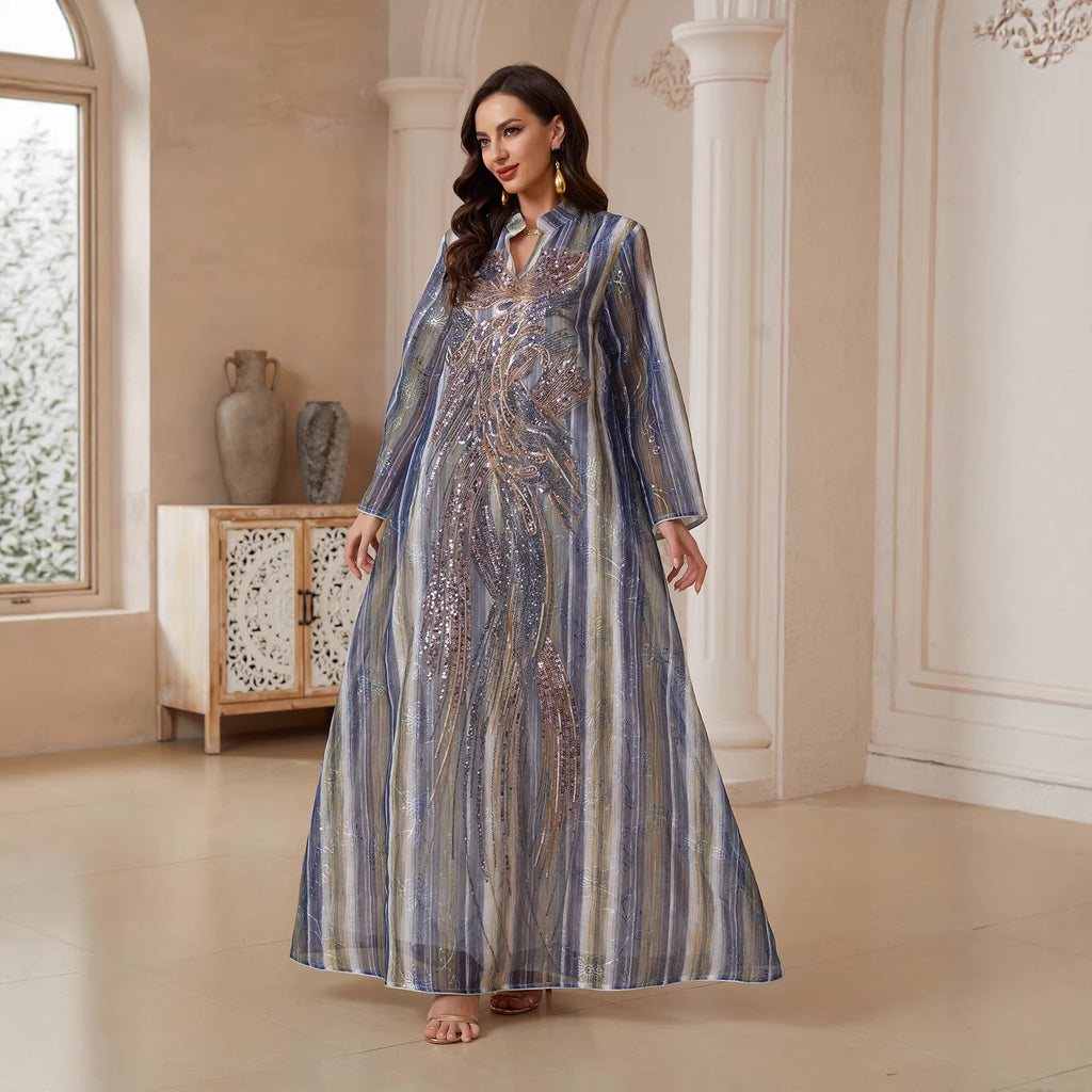 Mesh Sequin Embroidered Maxi Dress