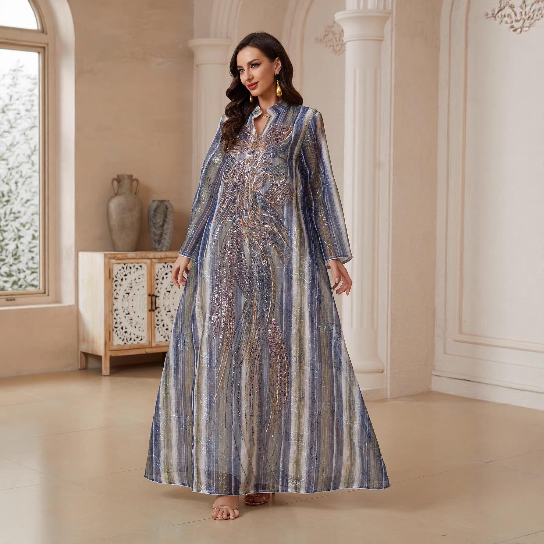 Mesh Sequin Embroidered Maxi Dress