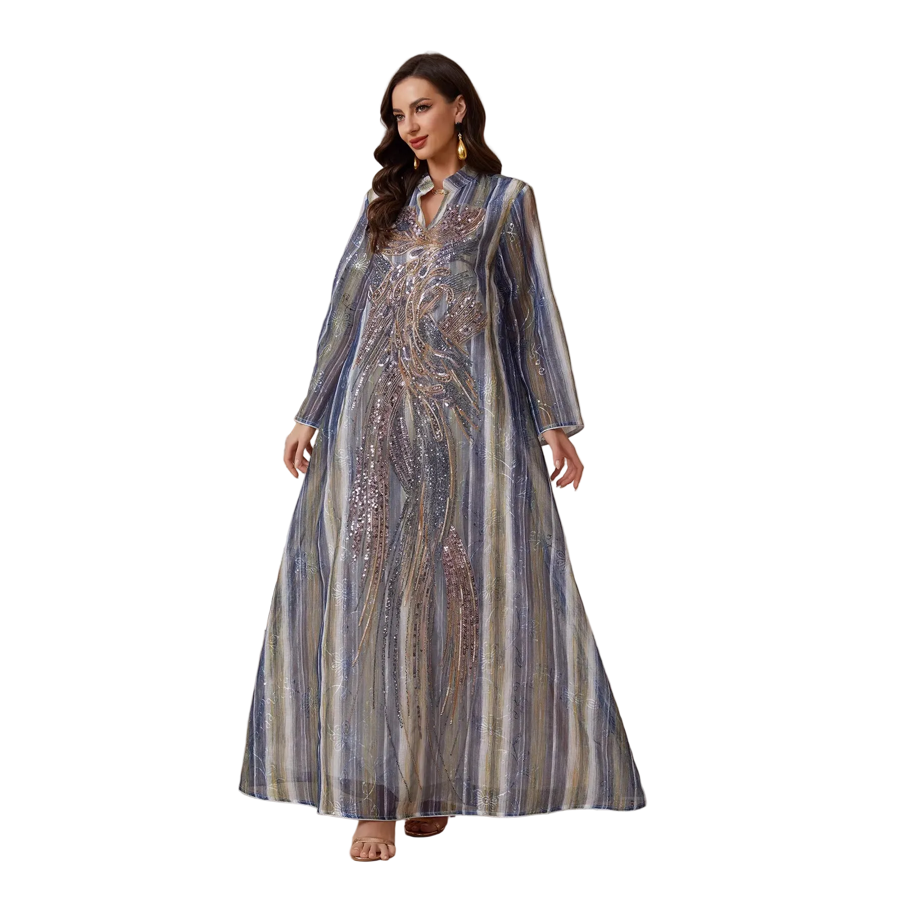 Mesh Sequin Embroidered Maxi Dress for women with long sleeves Main image