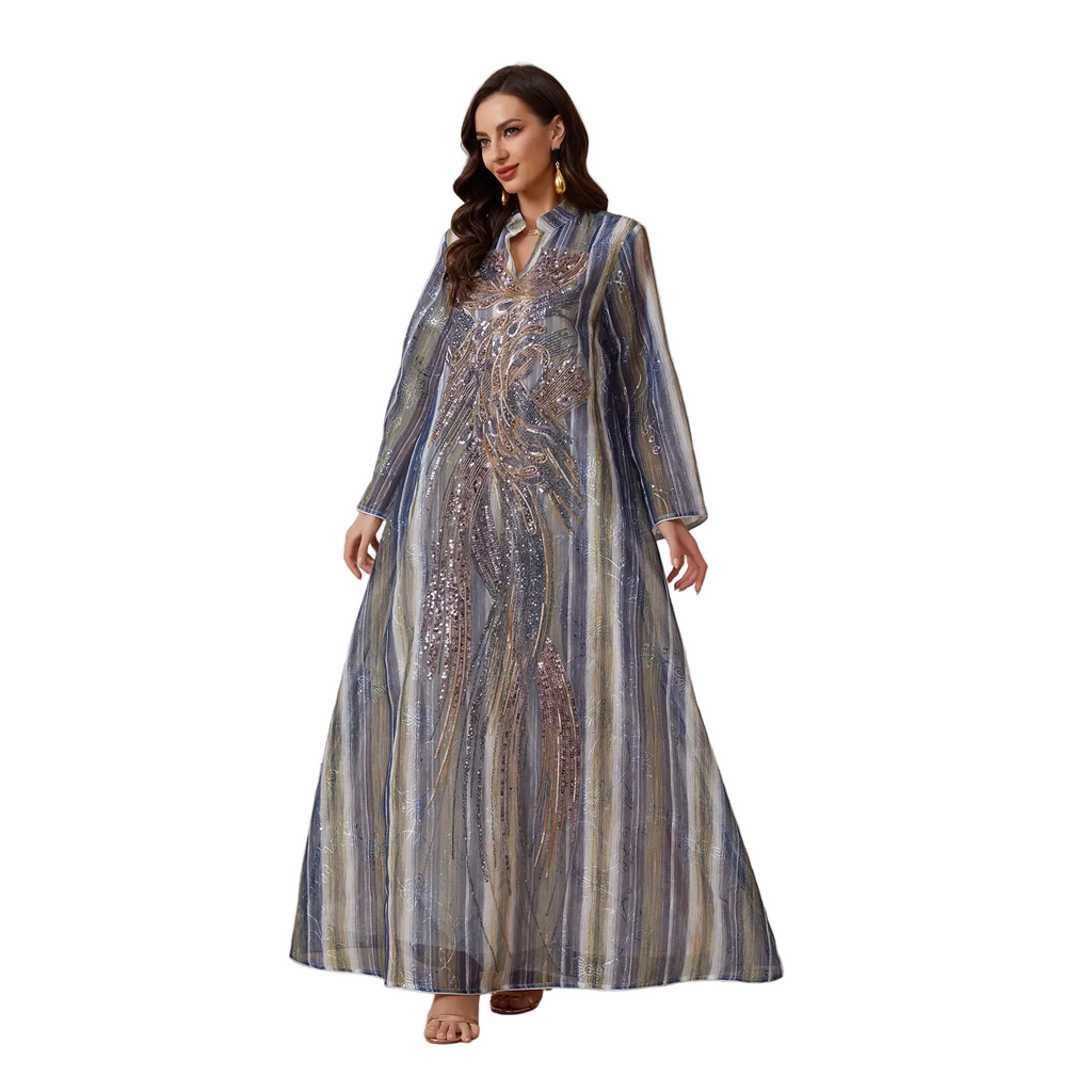 Mesh Sequin Embroidered Maxi Dress for women with long sleeves