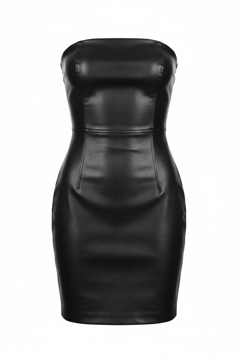A strapless black faux leather bodycon dress with a structured, slightly padded bodice and a fitted pencil silhouette, shown against a plain white background.
