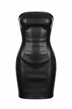 A strapless black faux leather bodycon dress with a structured, slightly padded bodice and a fitted pencil silhouette, shown against a plain white background.