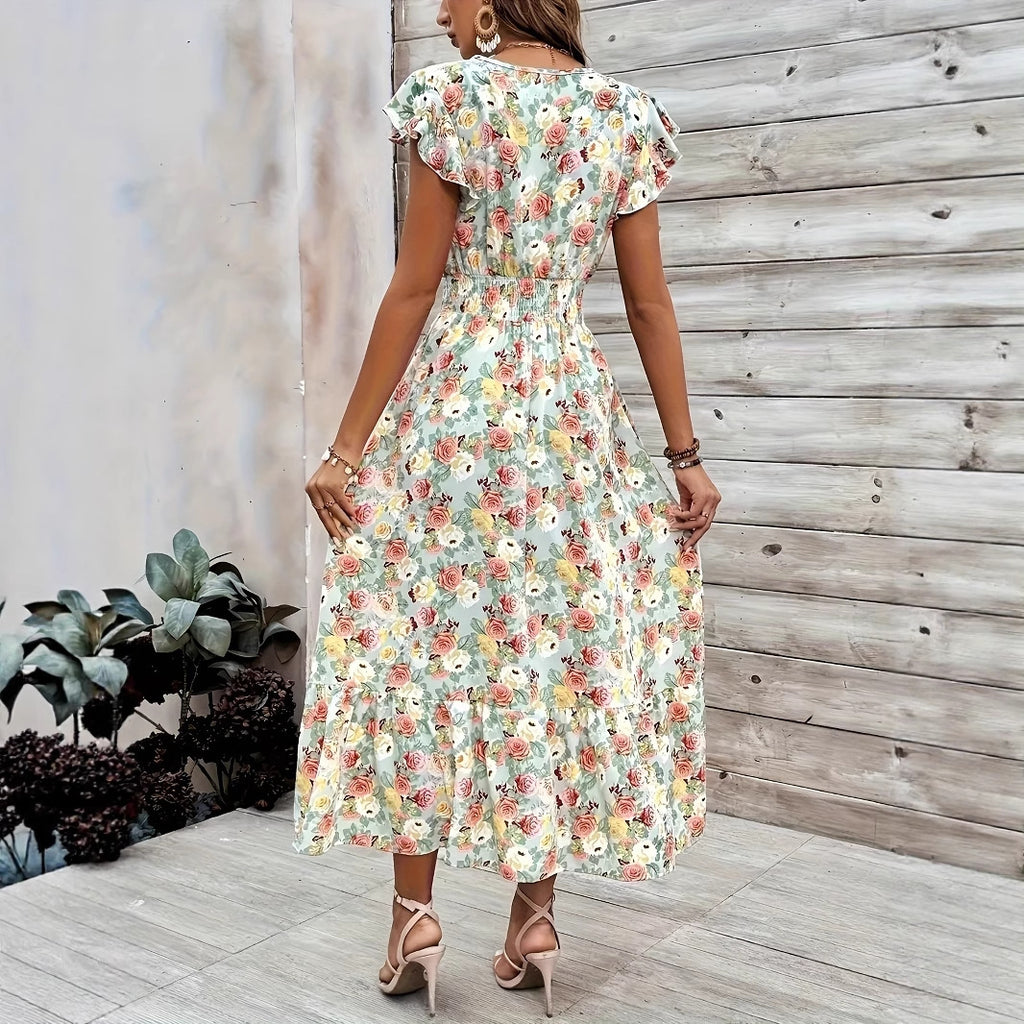 Floral Print V-Neck High-Waist A-Line Dress for Women
